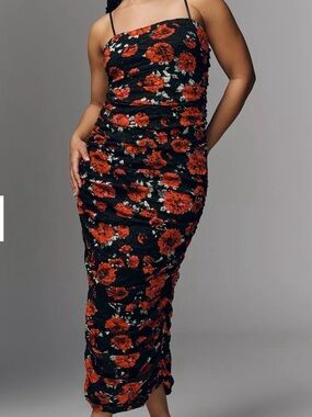 Anthropologie Black Slip Dress with Red Floral Print